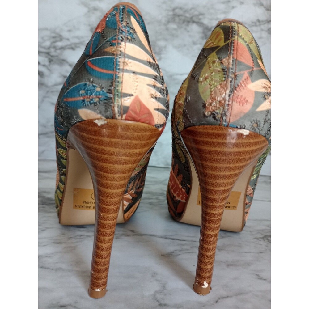 Delicious Fabric Woodsy Foliage Themed Peek Toe High Heel Shoes Size 9 - Picture 7 of 9